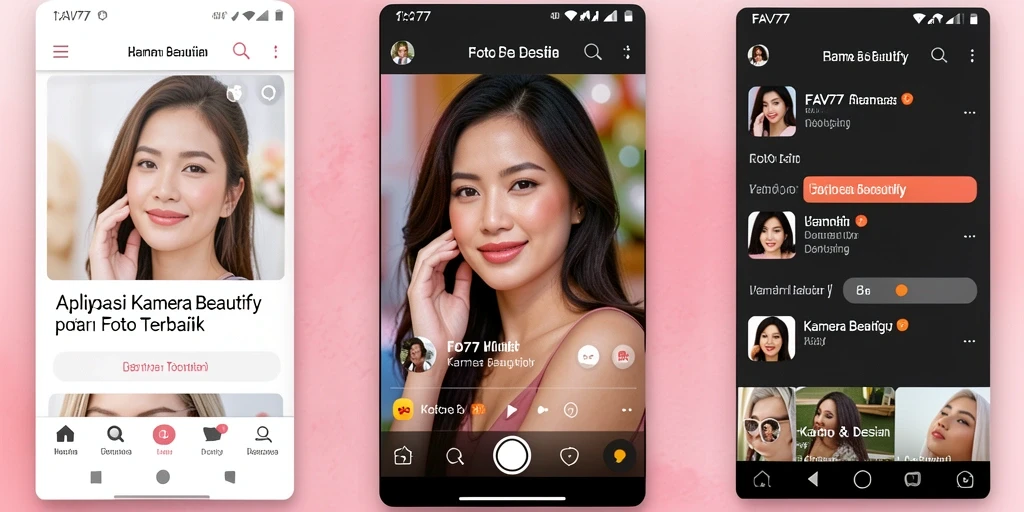 Screenshot utama aplikasi FAV77 menampilkan antarmuka Kamera Beautify yang menarik.