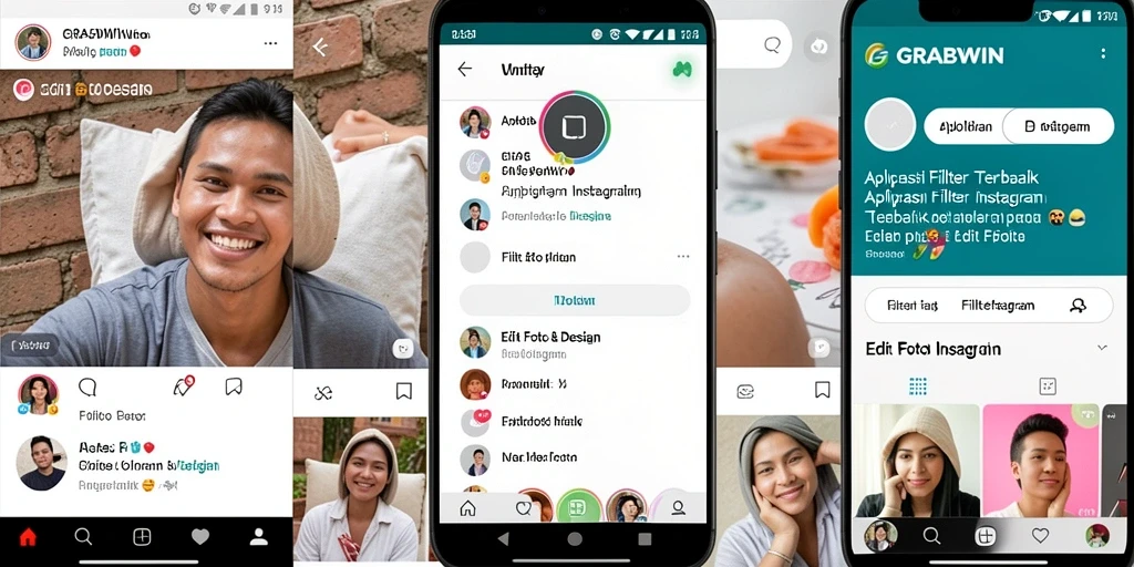 Antarmuka aplikasi GRABWIN dengan berbagai filter Instagram yang menarik.